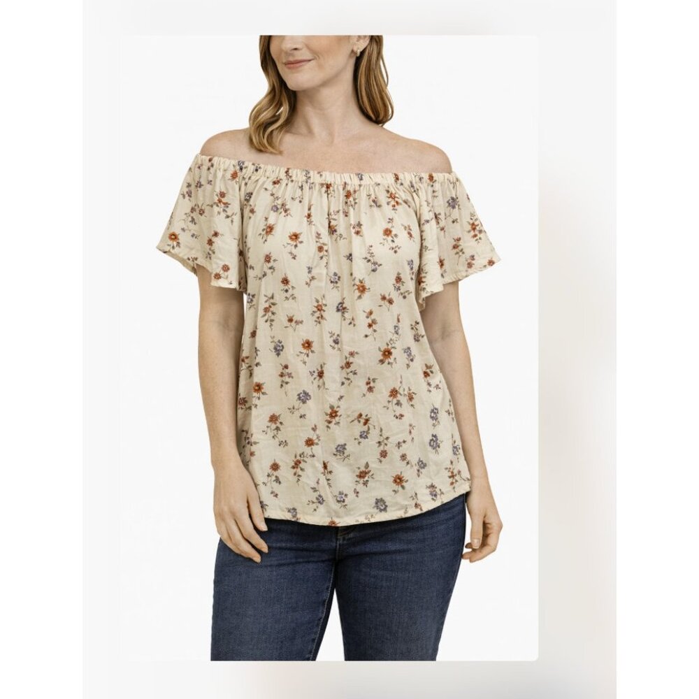 La Vie Rebecca Taylor Blouse Womens XS White Floral Off Shoulder Flutter Top